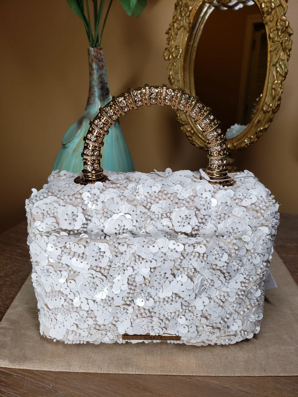 Kurt Geiger White Sequin Beaded Floral Top-Handle Satchel w/ Crossbody NWT! - Picture 8 of 17